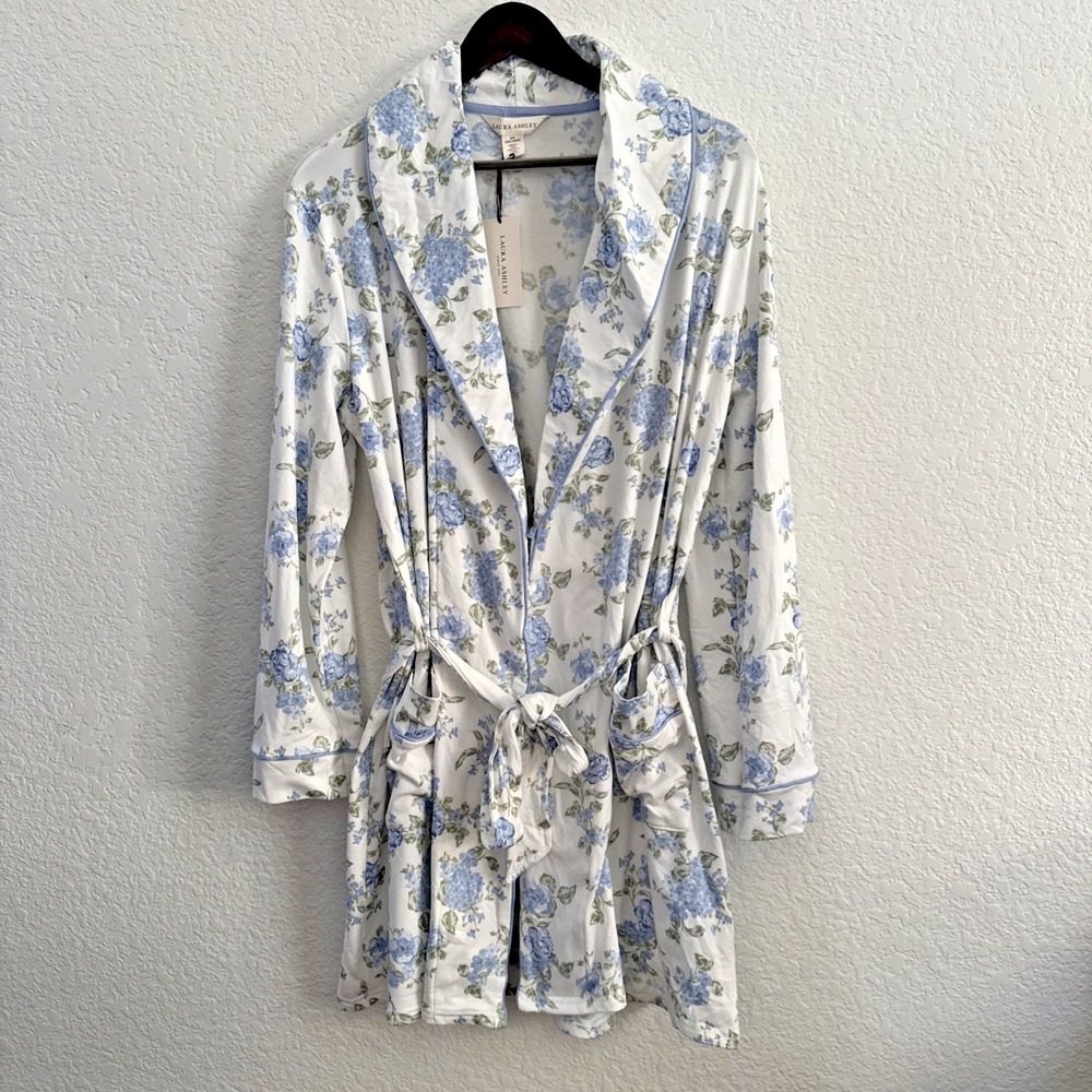 NWT Laura Ashley Sleepwear Garden Floral Pajama Robe S/M Blue White LS6383D